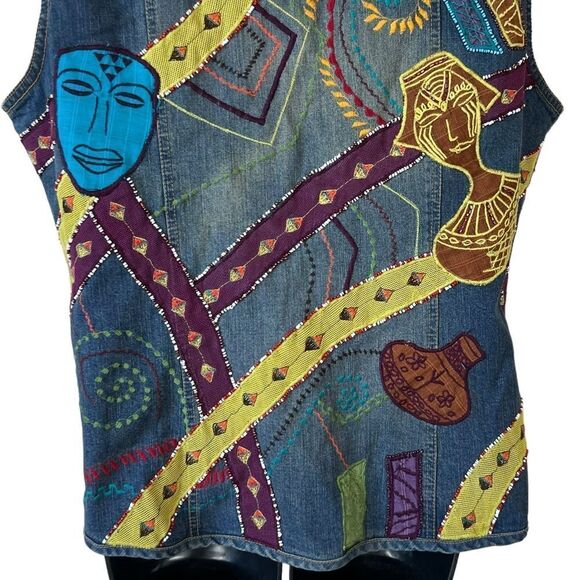 Vintage Chicos Patchwork Denim Embroidered Beaded Sequin Colorful Abstract Vest - Picture 10 of 11